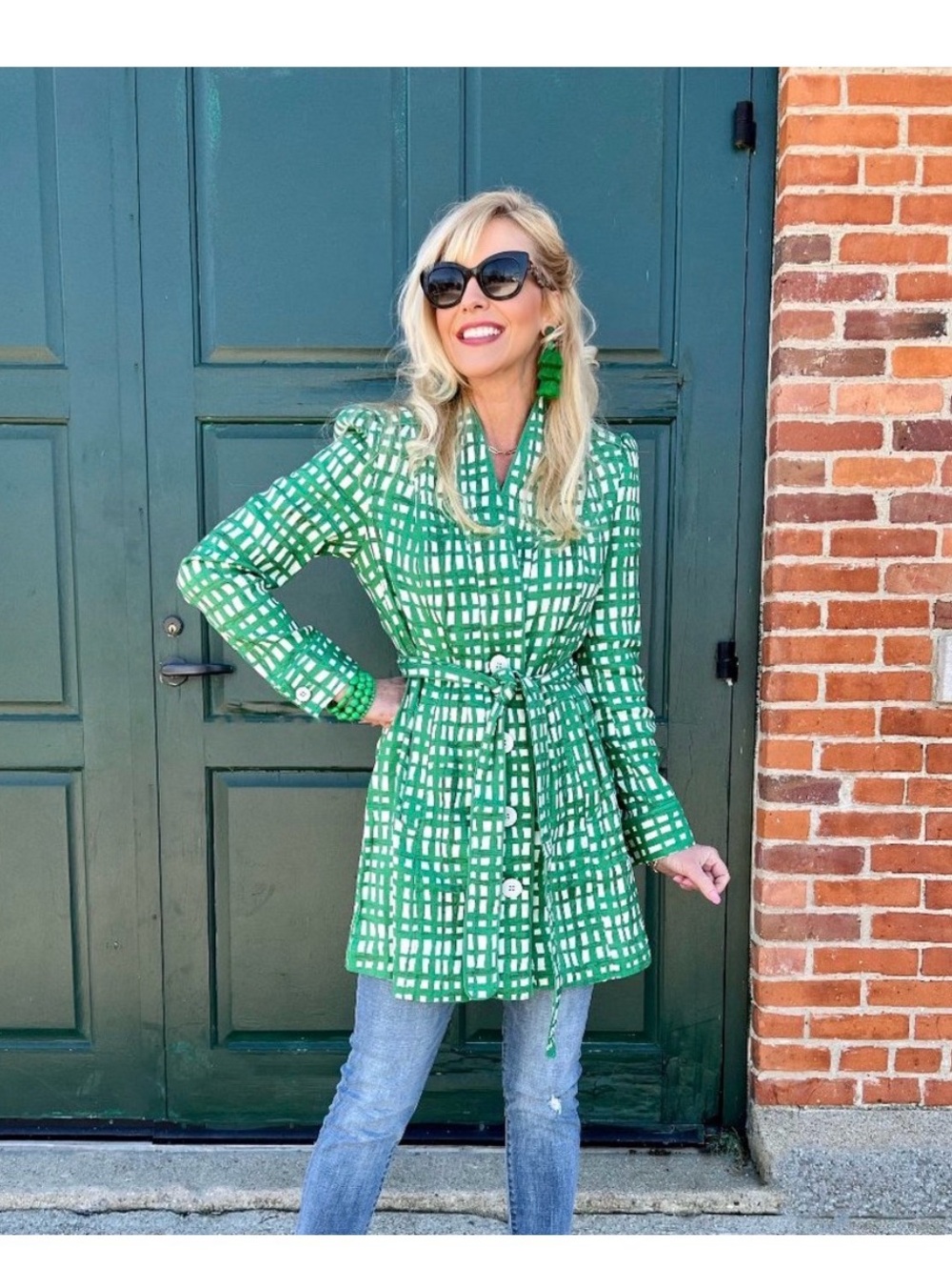 CAbi Green & White Grid Patterned Belted Jacket